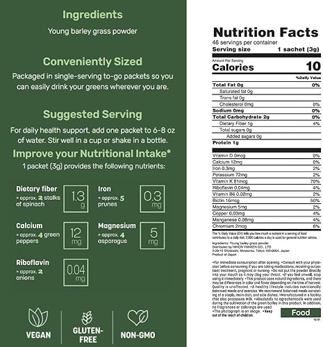 Miniatura 8 de The Golden Aojiru - Jugo de hierba verde de cebada joven en polvo con rica fibra dietética, sin aditivos, 100% cultivado japonés, listo para usar,