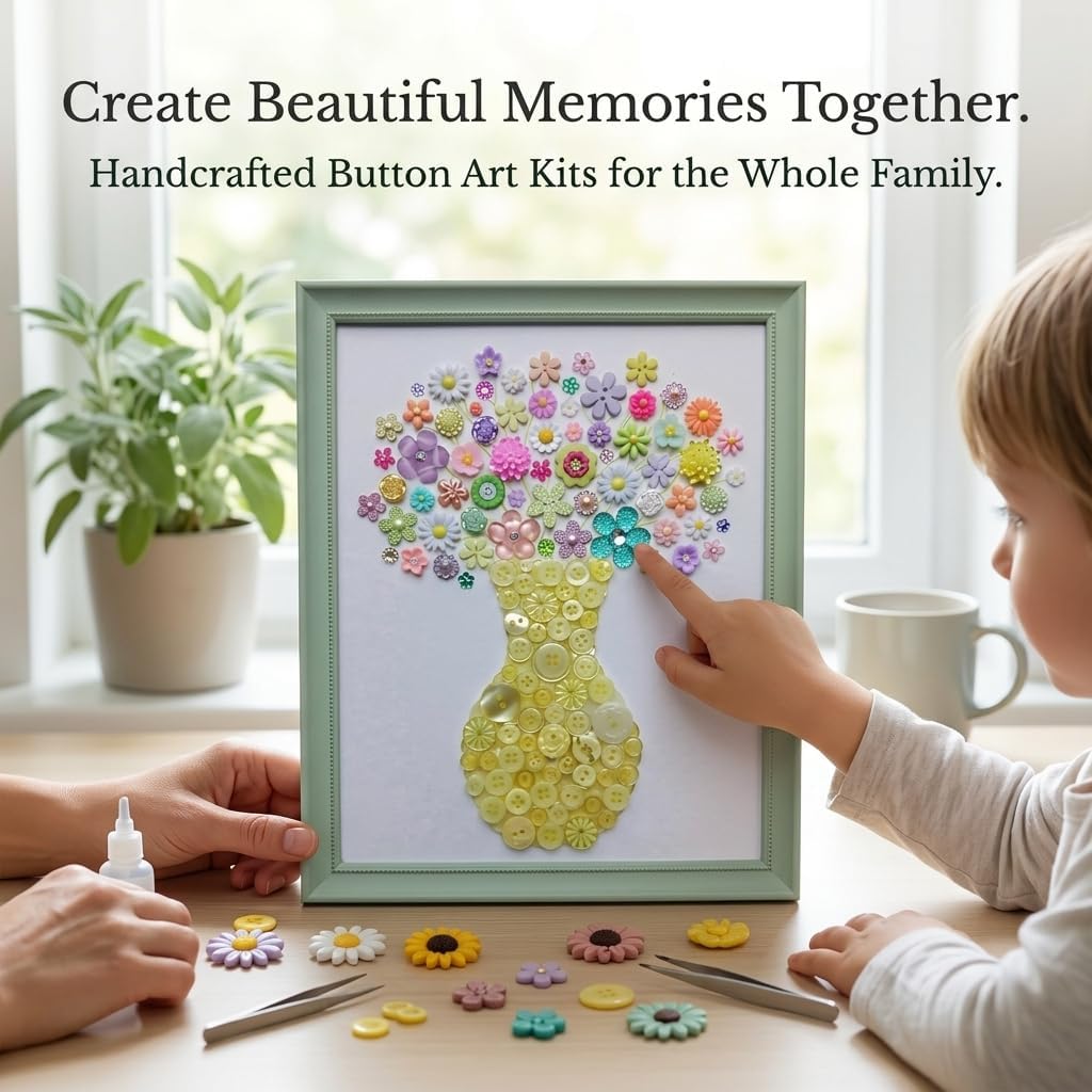 Flower Button Art Bundle | 75+ Assorted Flower Buttons + Yellow Fillers | Craft & DIY Decor Kit (8” x 10” Frame Size)