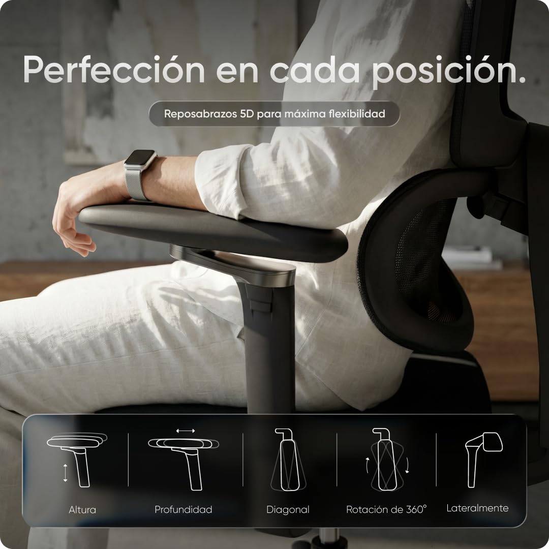 Move Pro Silla de Oficina Ergonómica – Soporte Lumbar Ajustable, Respaldo Reclinable en 3 Posiciones, Asiento Ajustable en Altura, Tejido Transpirable, Silla de Escritorio Ergonómica hasta 150 kg