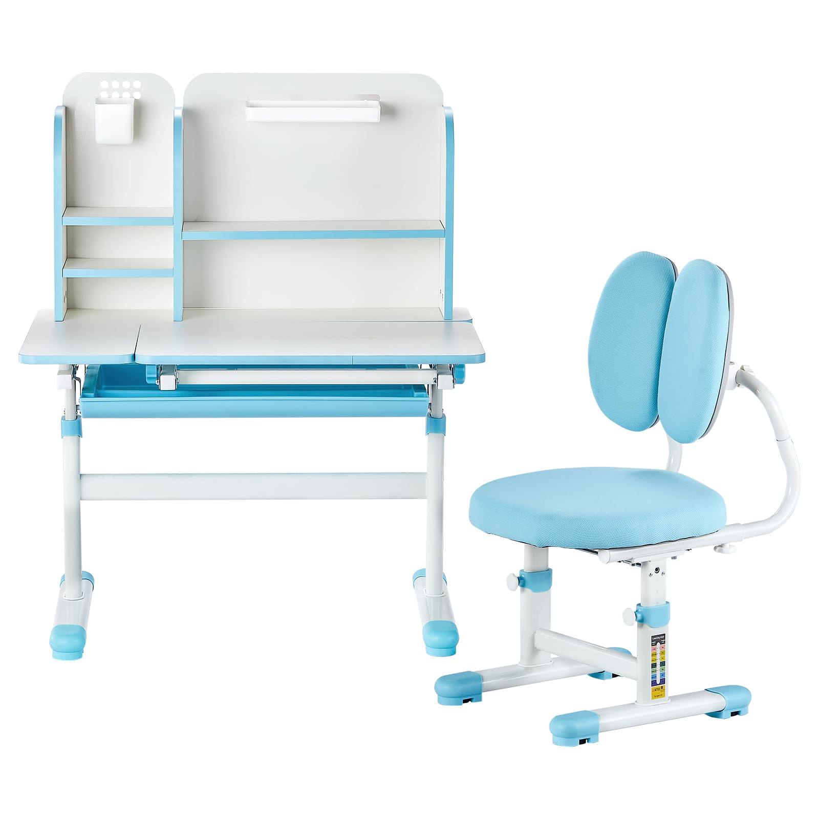 VEVOR Juego de Mesa y Silla de Estudio para Niños Capacidad de Carga de 100 kg, Ajuste de Altura del Escritorio de 54-73 cm, Mesa Inclinable 0-40° con estantería para Dormitorio, Estudio, Azul