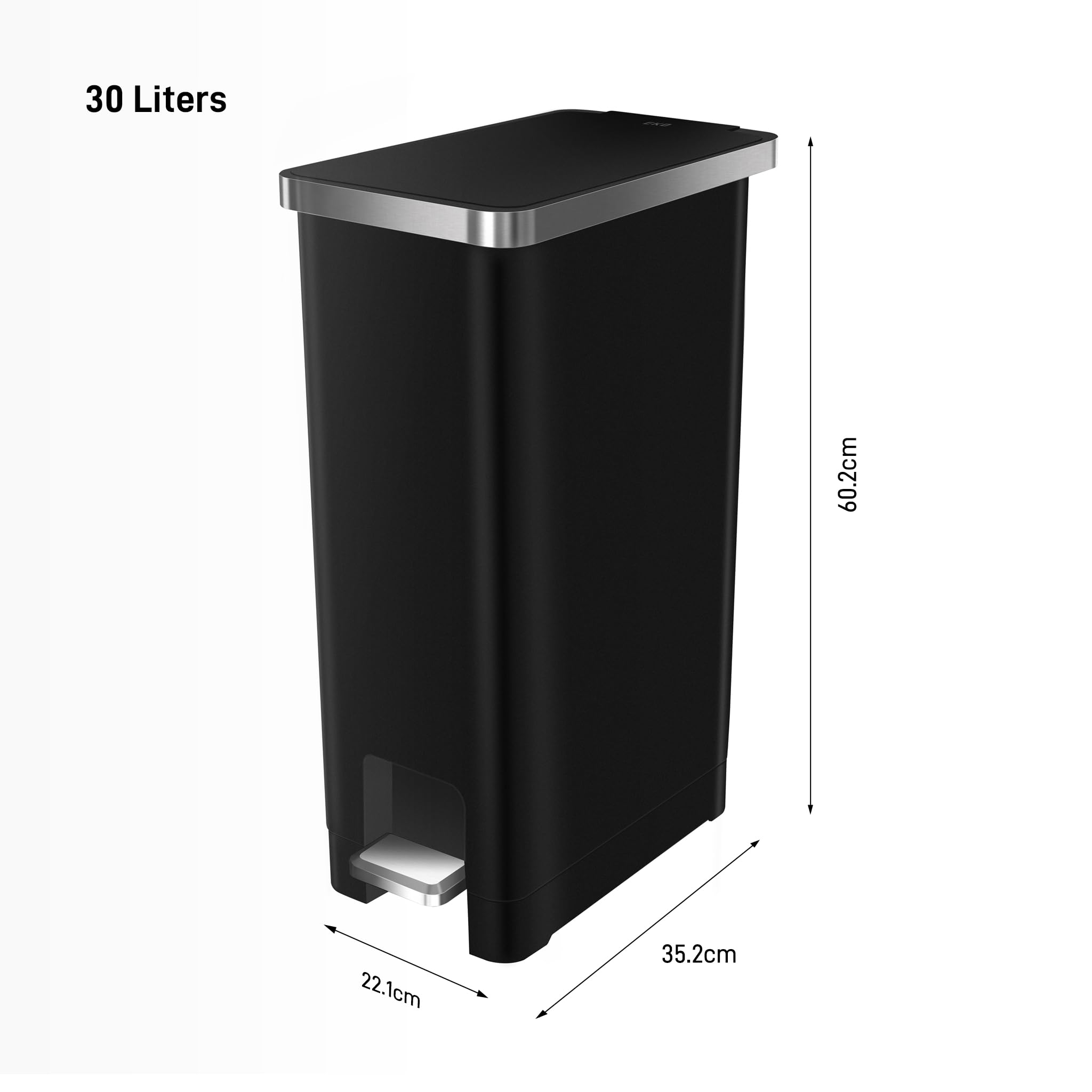 EKO Hana | Cubo de Basura Cocina 30L Negro con Pedal y Cierre Suave | Papelera de Plástico Moderna y Compacta para Cocinas Ordenadas