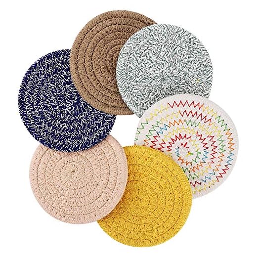 Accmor Braided Coasters for Drinks, 6 Pcs Round Handmade Woven Fabric Desk Coasters, Absorbent Cotton Cup Coasters Heat-Resistant Hot Pads Mats for Kitchen Dining Table Protection