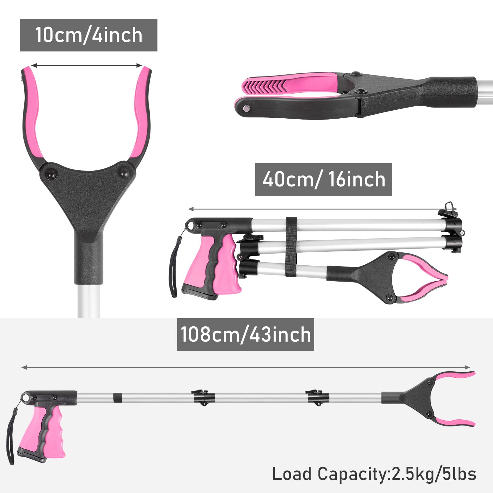 YAUNGEL 43'' Litter Pickers, Grabber Stick with Magnet, Grabber for Disabled, Extra Long Foldable Litter Pickers for Adults, 108CM Pick Up Stick Grabber with 360° Rotating Jaws Reaching Aids (Pink)