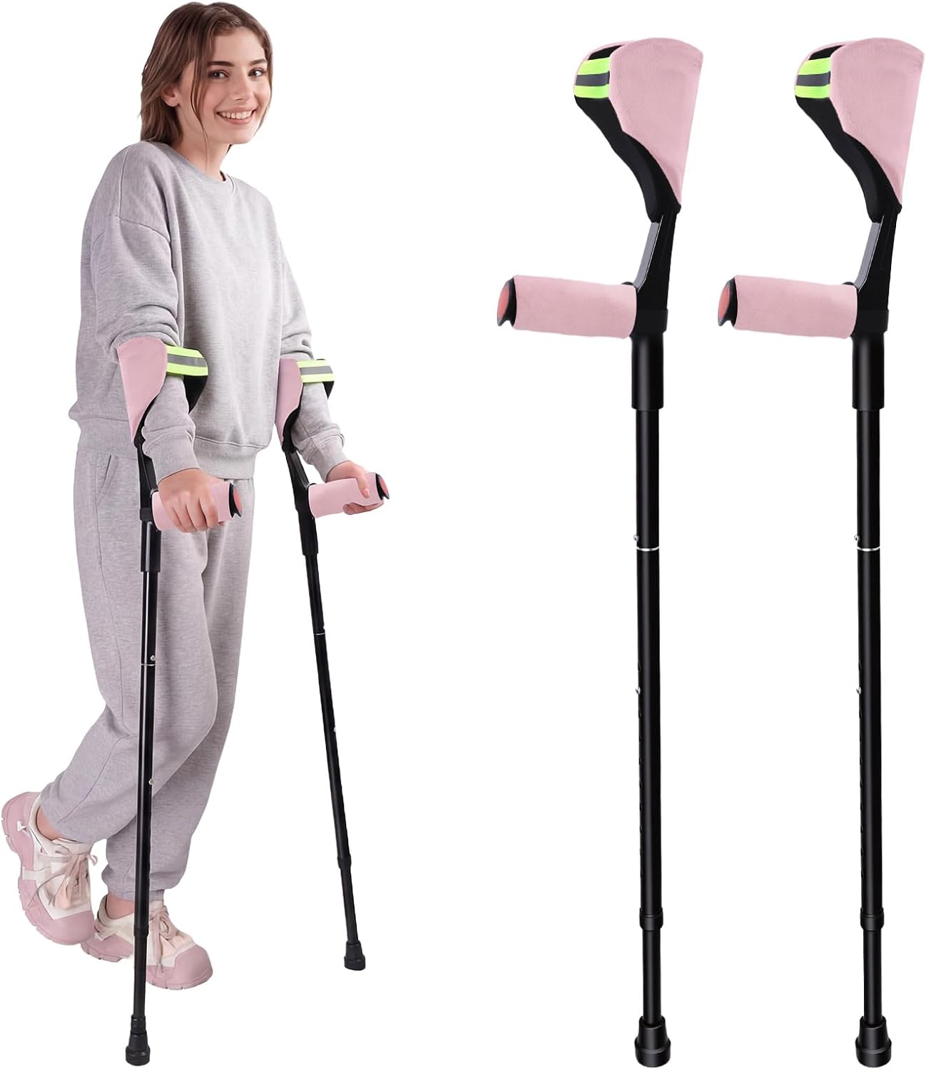 ENLUNTRA Forearm Crutches for Adults, 2 Pcs, Adjustable Arm Crutch with Elbow Strap and Cushion, Portable and Foldable Crutches,Grey Pink