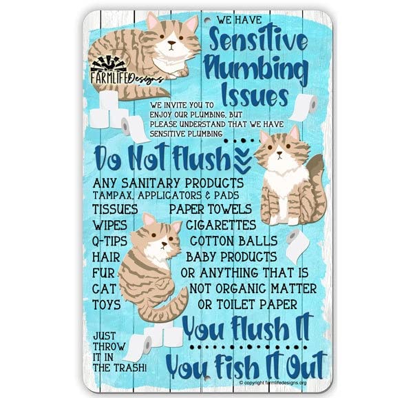 Niekea Vintage Metal Tin Sign Don't Flush Sensitive Septic Tank Sign, Cats Bath sign, Bathroom Cat Sign, Sensitive Pipes sign, don't flush sign, don't flush bathroom Posters tin Sign 12x8 Inch