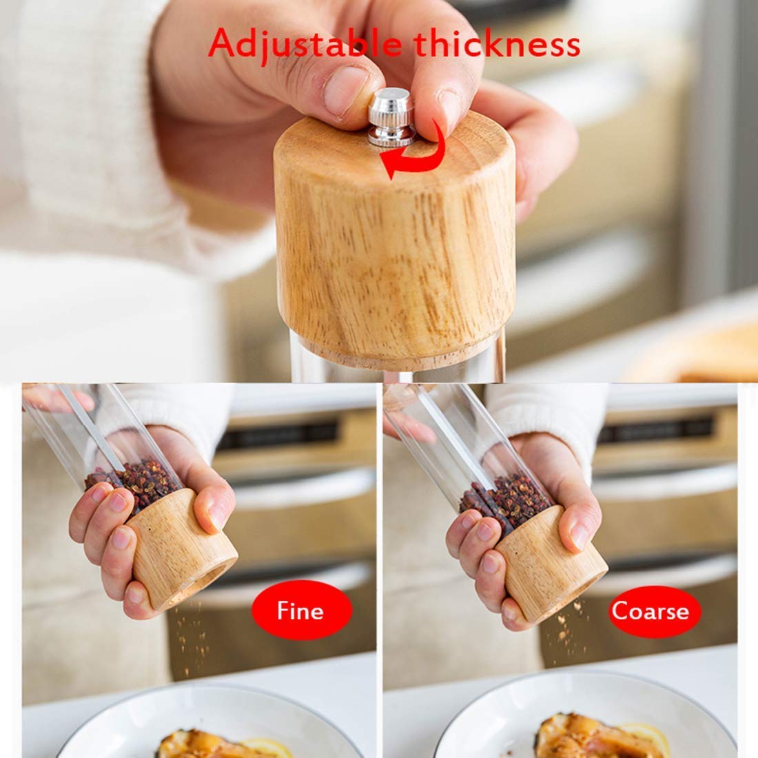Młynek do pieprzu i soli wykonany z drewna z regulowanym rdzeniem ceramicznym i dużą pojemnością do kuchni 2 szt..