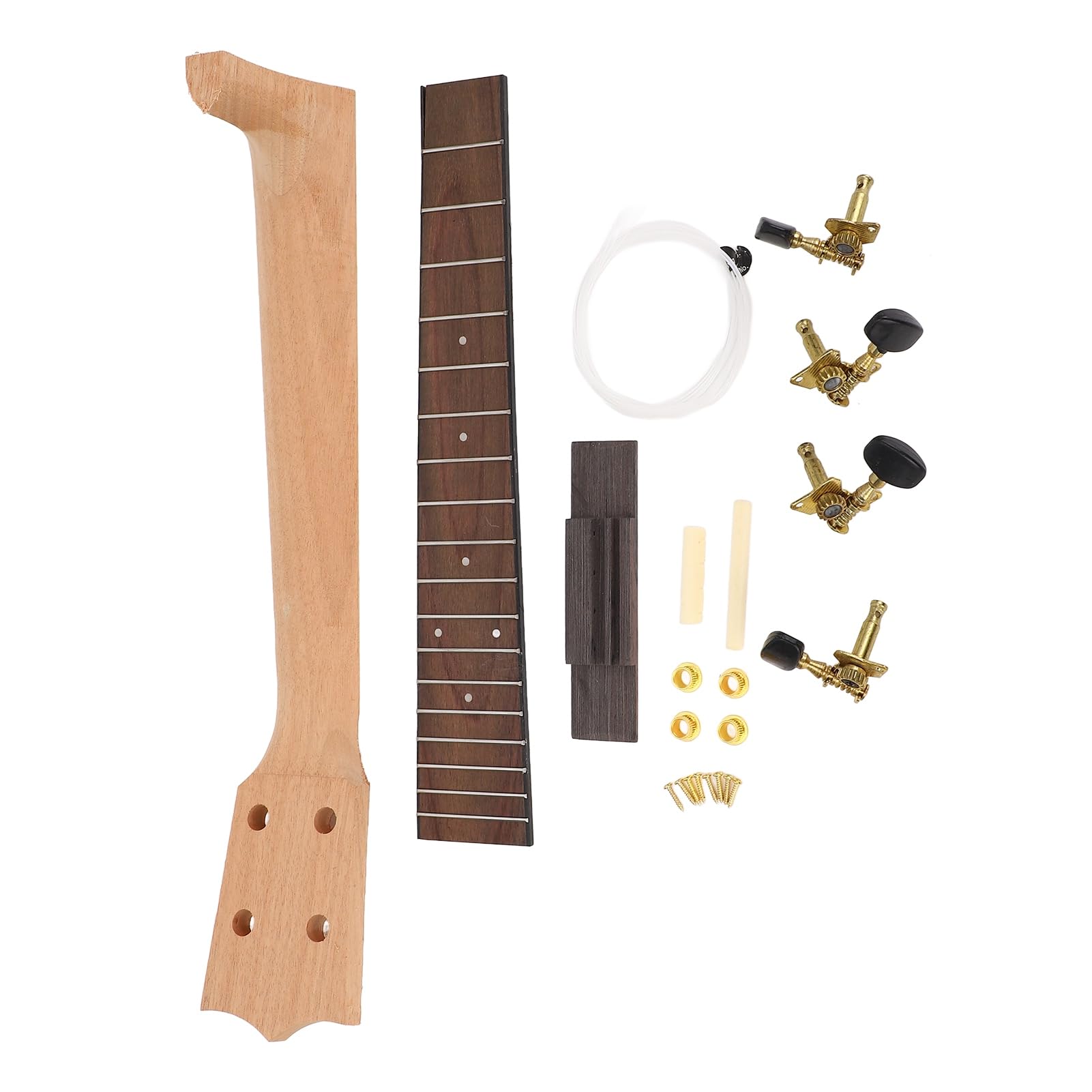 Kit de Manche de ukulélé, Touche en Palissandre, Kit D'assemblage de Manche de ukulélé Artisanal avec Bouton de Corde et Ensemble de Chevalet pour les Amateurs D'instruments de