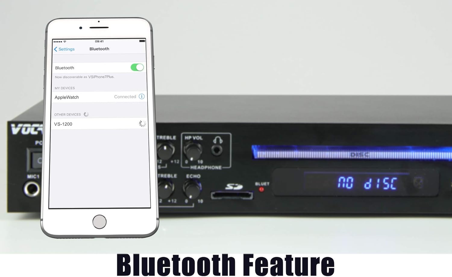 A smartphone screen showing Bluetooth settings with 'VS-1200' listed as a discoverable device, next to the Vocal-Star VS-1200 karaoke machine, illustrating the Bluetooth feature.