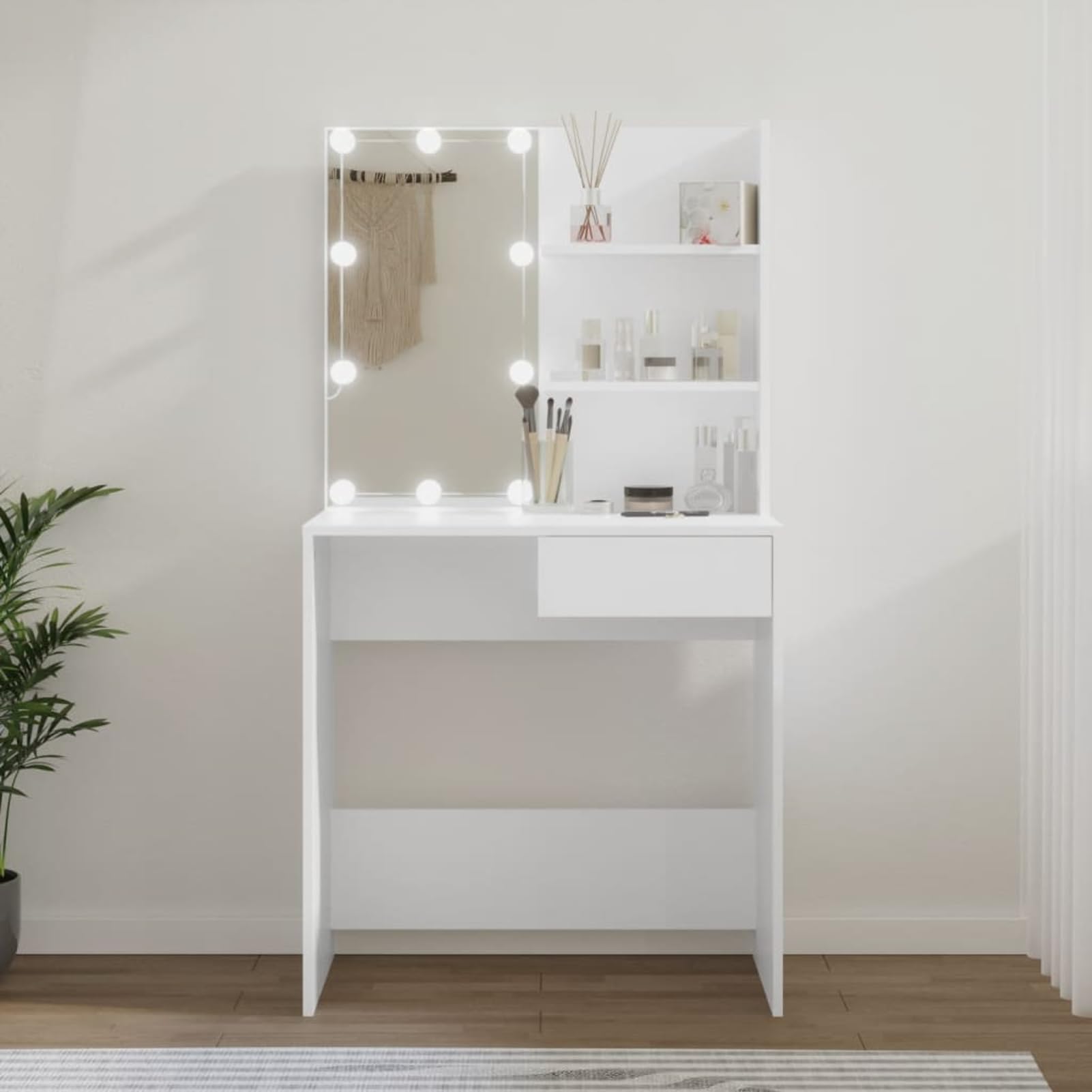 Gecheer Tavolo da toeletta a LED, bianco, 74,5 x 40 x 141 cm, con lampadine USB, spazio per gli appassionati di bellezza