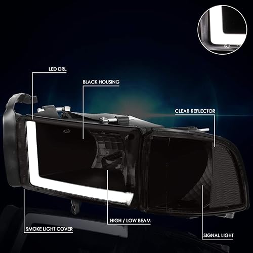 Miniatura 2 de PM PERFORMOTOR Faros delanteros LED DRL negros con LED DRL de repuesto compatible con Ram 150094-02 Ram 2500 3500, PMHL-DRAM-9401-LB-BSC