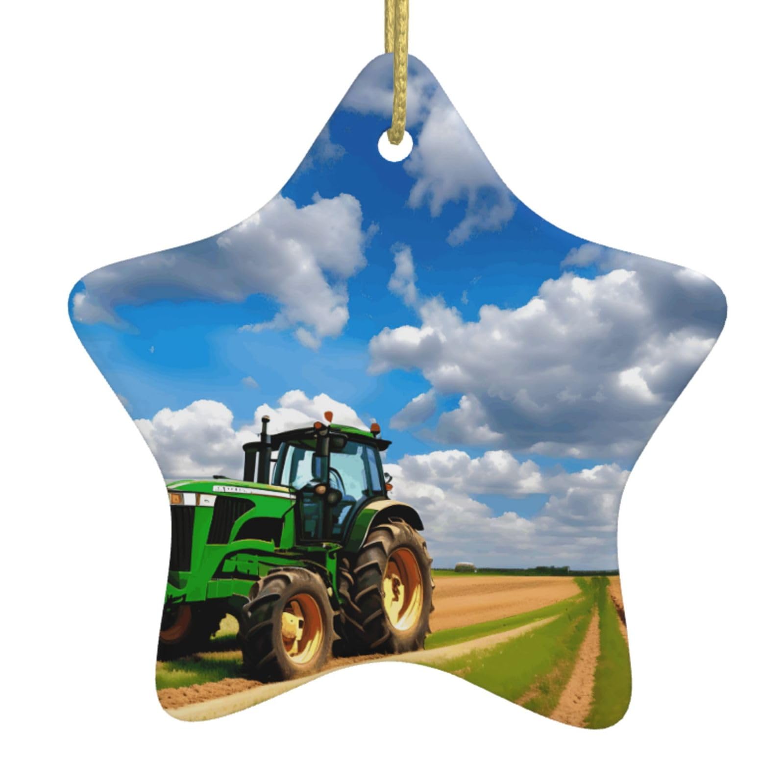 Nbtghga White Tractor Under Blue Sky And Clouds Print Christmas Ornaments, Ceramic Hanging Ornament, Round Shape Decorations