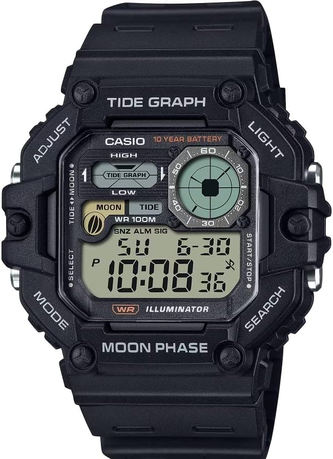 Casio WS-1700H Series | Illuminator Tide Graph Moon Phase | Men’s Digital Watch | Black | 100M WR | Resin Band | Dual Time | Countdown Timer | Multi Alarms | Auto Calendar | LED Backlight | 10 Yr Batt