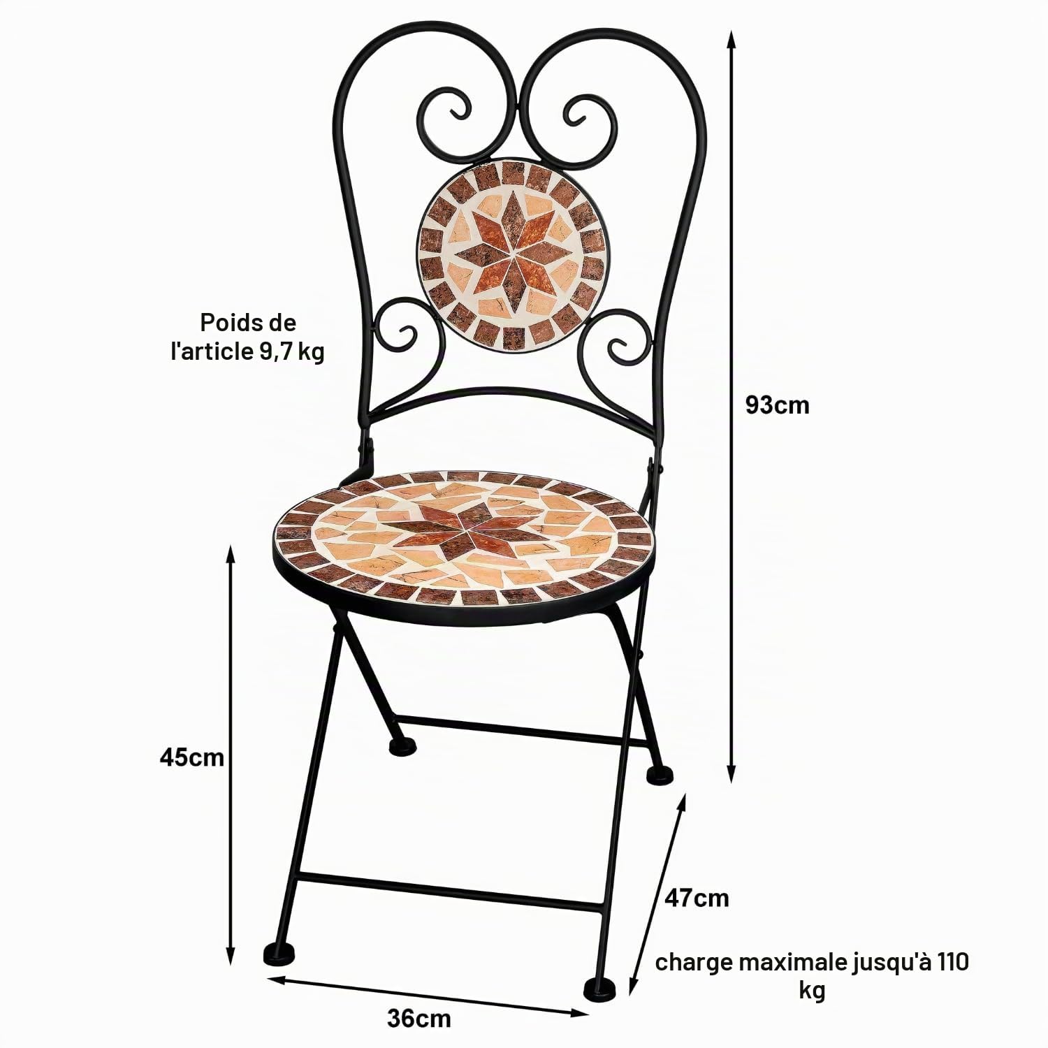 Chaise de Jardin Mosaic Pliante Balcon Ensemble Bistro Meubles de Jardin en métal