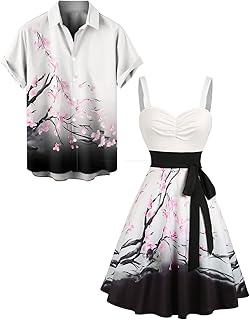 Couple Matching Hawaiian Outfits Plum Blossom Print Women's Floral Mini Dress or Men's Button Up Shirt Outfit - Buy now