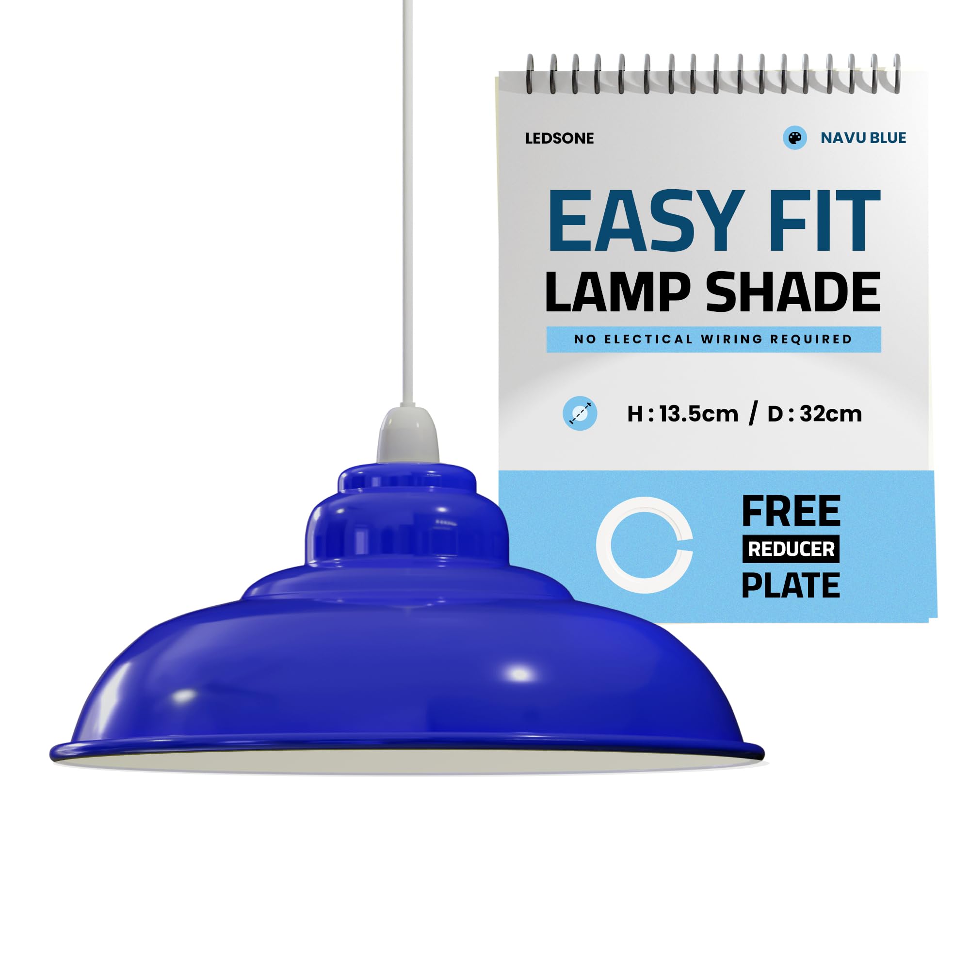 LEDSONE Industrial Lampshade Metal Navy Blue 32cm Easy Fit with Reducer Plate Modern Hanging Pendant Light Shade for Bedroom, Hallway, Office, Kitchen, Dining Room, Cafe, Bar, Restaurtant