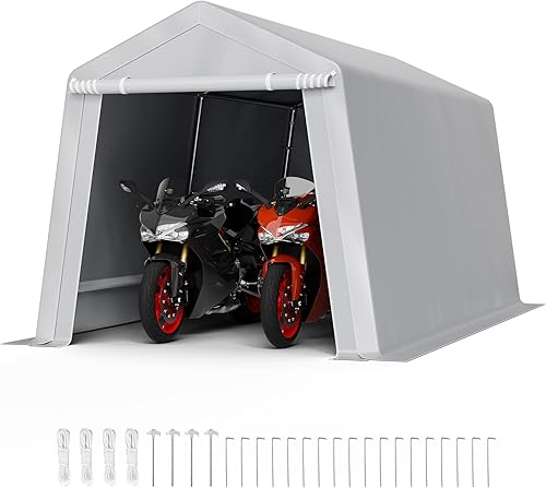 Vista 103 de VEVOR - Cobertizo portátil de almacenamiento exterior de 6 x 8 x 7 pies, refugio resistente e impermeable con puerta enrollable con cremallera y Gris