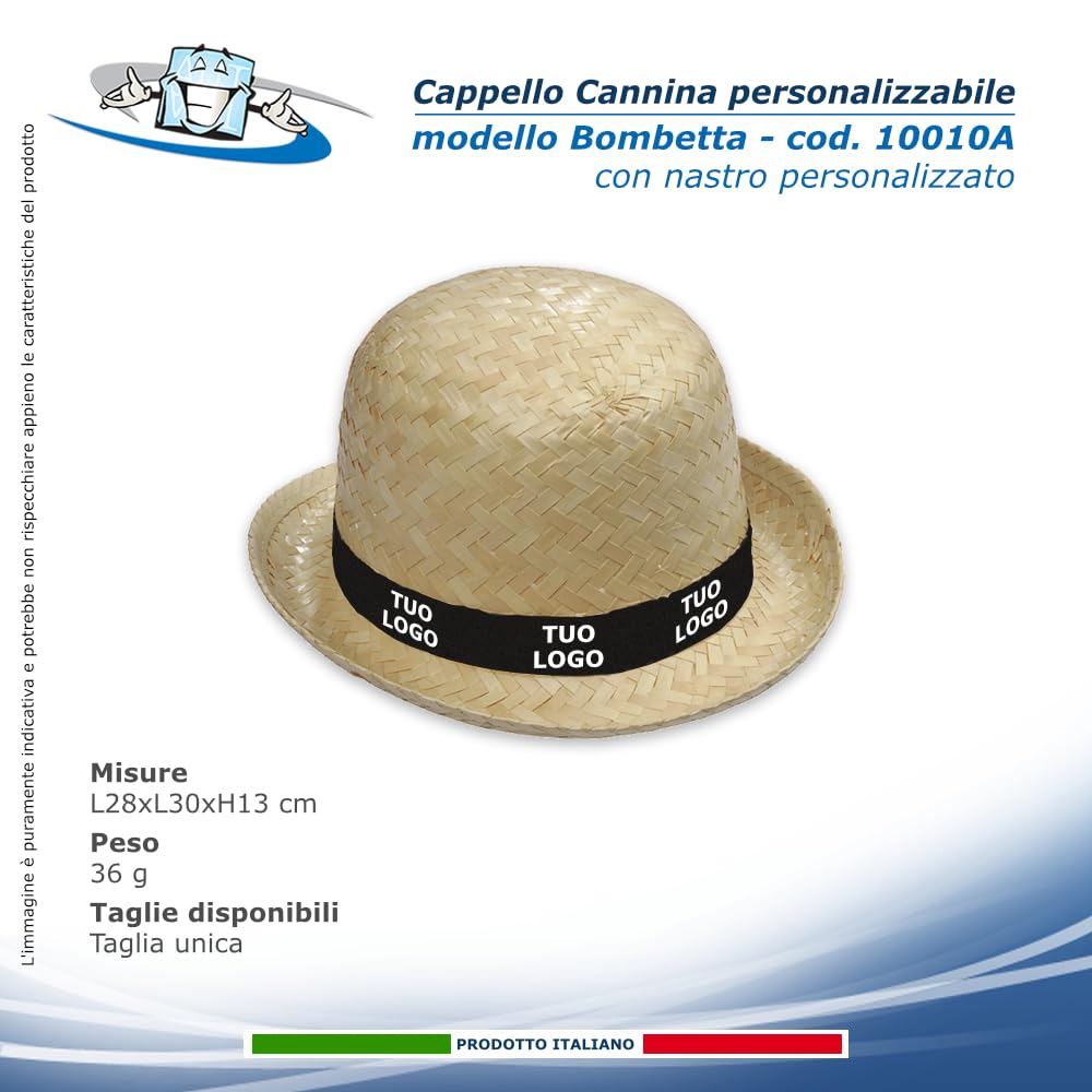 300 Cappelli personalizzati in Cannina 100 % Paglia Naturale disponibili 11 Modelli: Alpino, Cowboy, Borsalino, Pastorella, Indiana J., Gondoliere, Texano, Bombetta, Cubano con nastro personalizzato