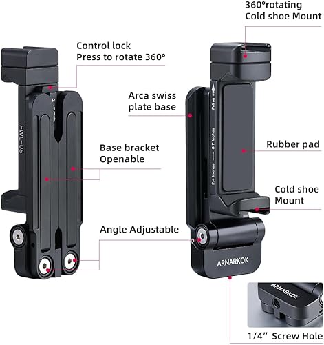Miniatura 2 de Arnarkok j - Soporte de trípode para teléfono, 2 zapatas frías y puerto de arca, adaptador de trípode de metal para teléfono inteligente de 360 para