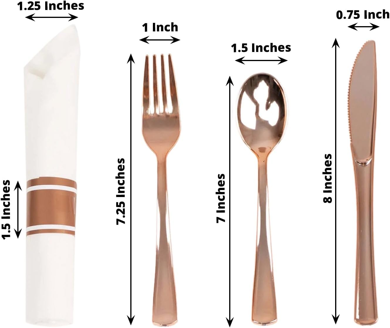 Efavormart 24 Pack Pre-Rolled Rose Gold Plastic Silverware with White Napkins, Heavy Duty Disposable Cutlery Set Wrapped with Band for Wedding, Party, Catering (Includes Fork, Knife, Spoon)