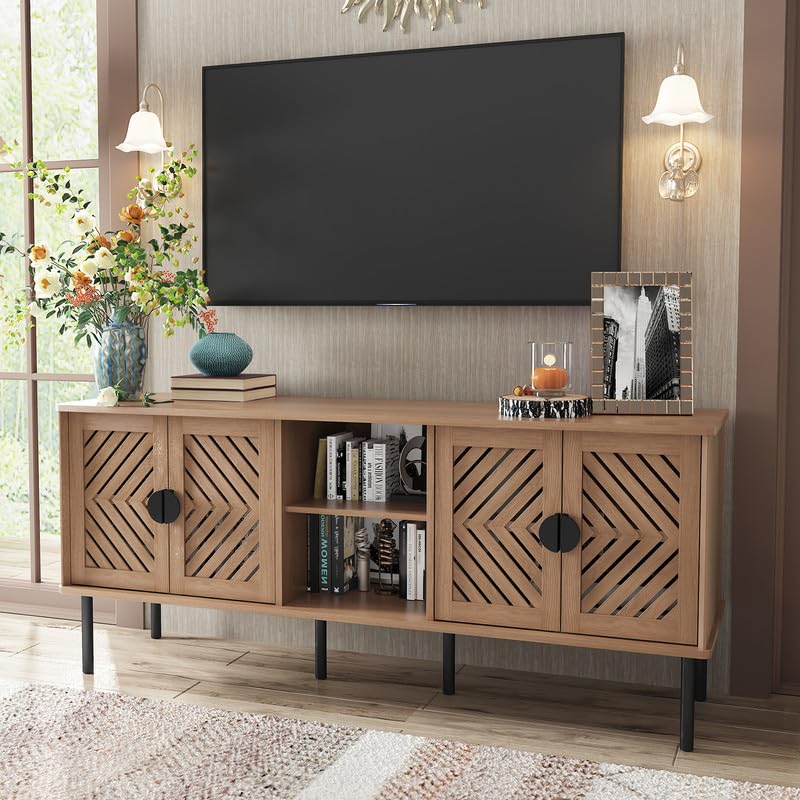 Image of ARTPOWER 55 inch TV Stands, Entertainment Center with Storage, Natural Oak