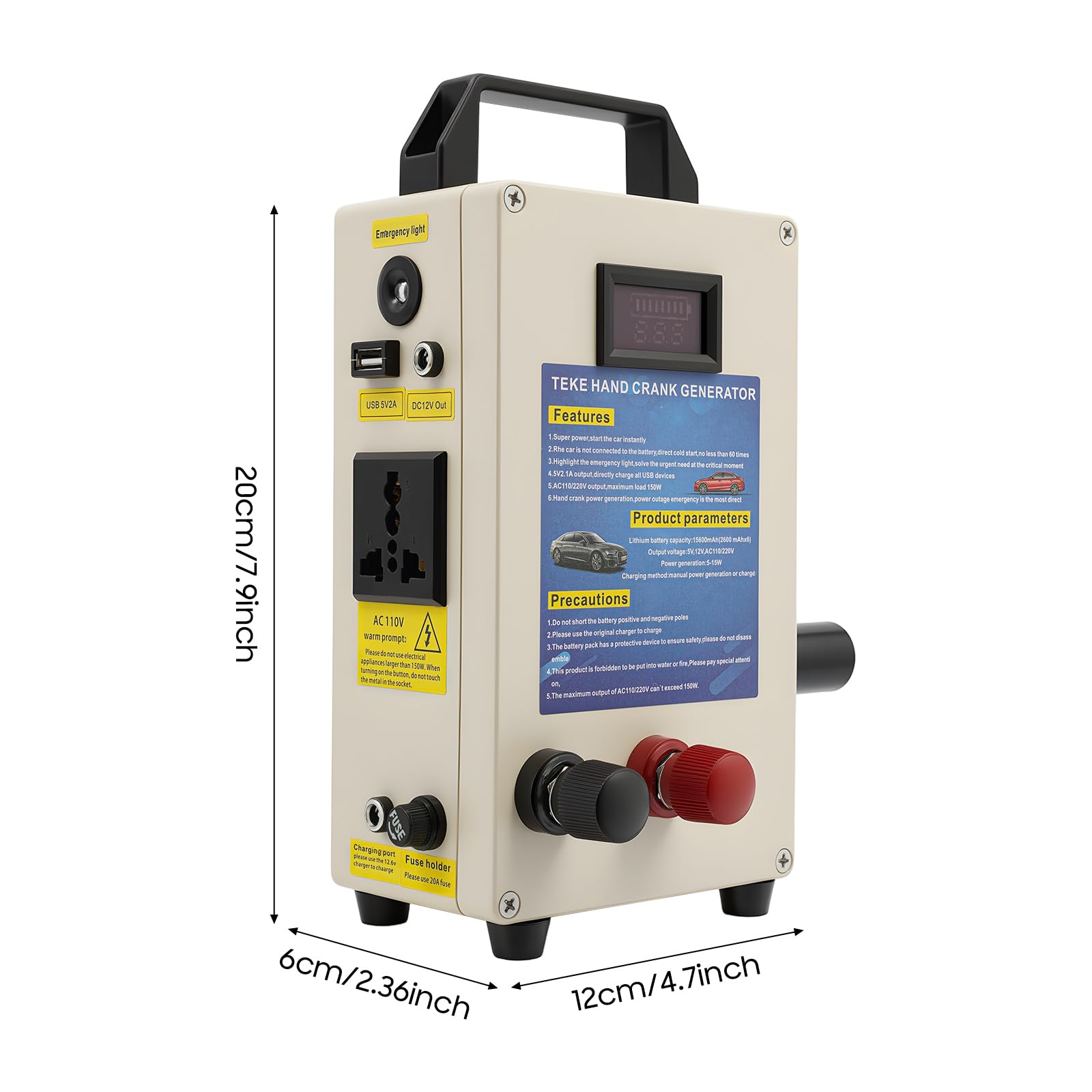 Generador de manivela, 20 A, 15600 mAh, estación de energía portátil, fuente de alimentación manual de alta potencia, cargador de emergencia con mango y líneas de cable para operaciones de campo