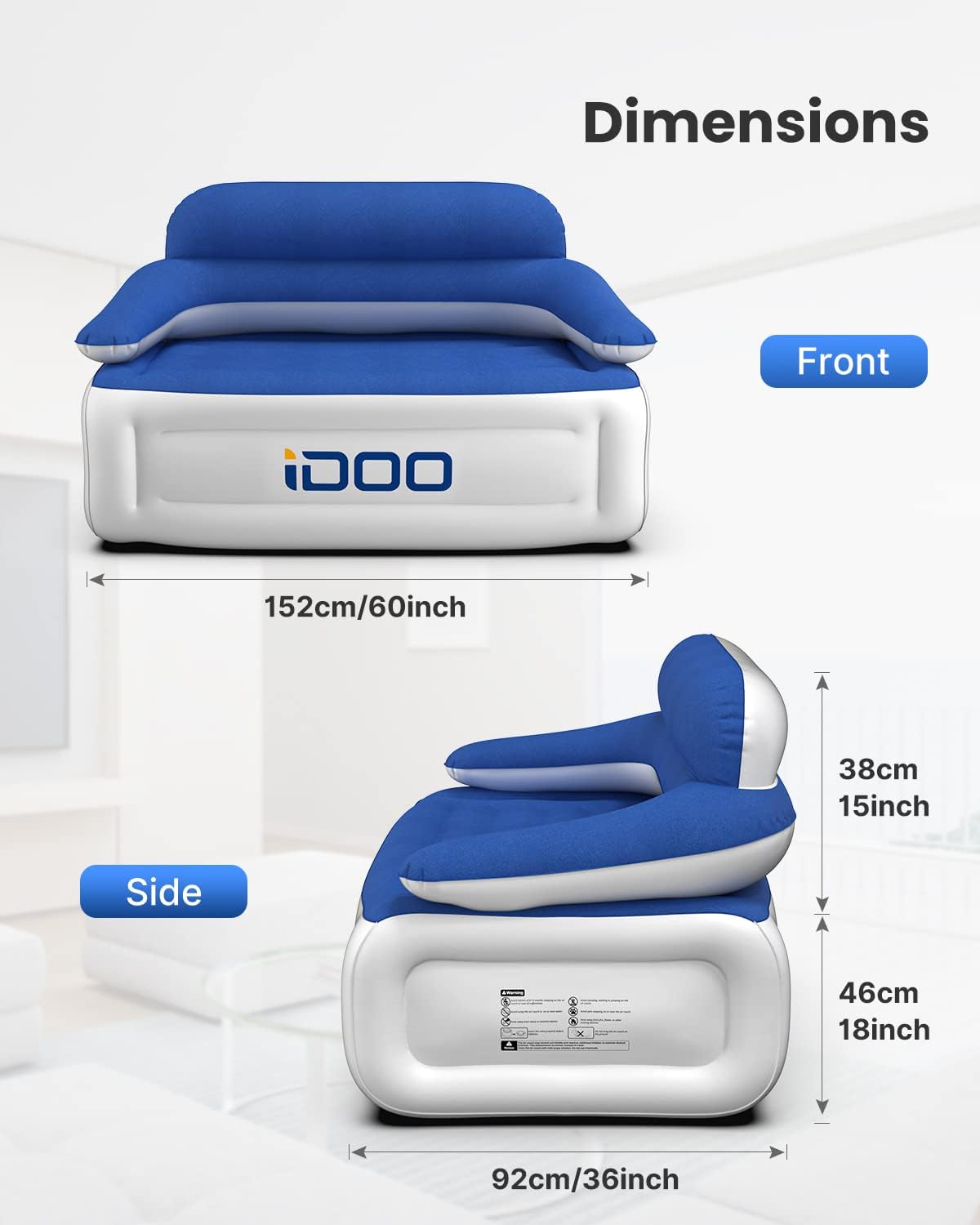 iDOO Sofá inflable, sofá inflable de 3 plazas con bomba integrada, silla inflable de campamento