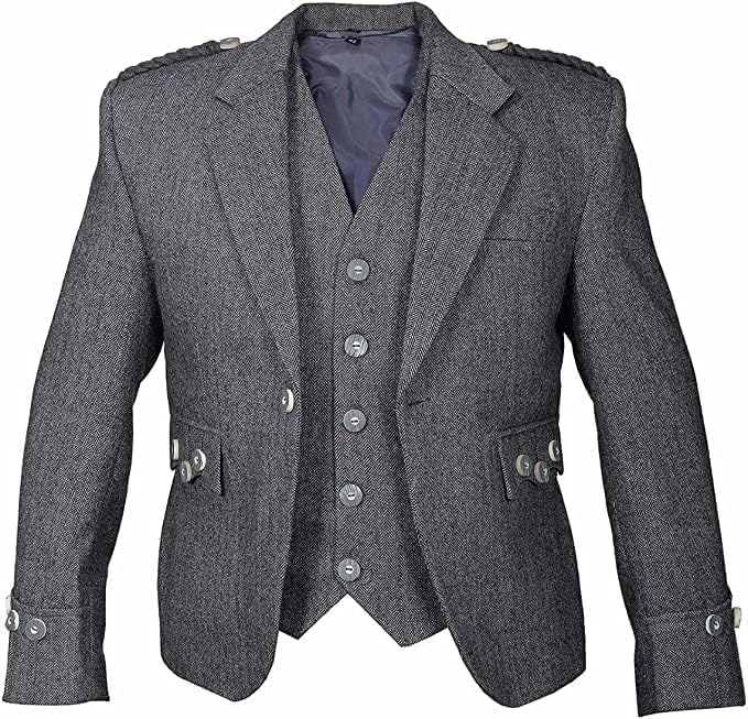 Grey Tweed Argyll Argyle Highland Kilt Jacket and Waistcoat Scottish Wedding Dress