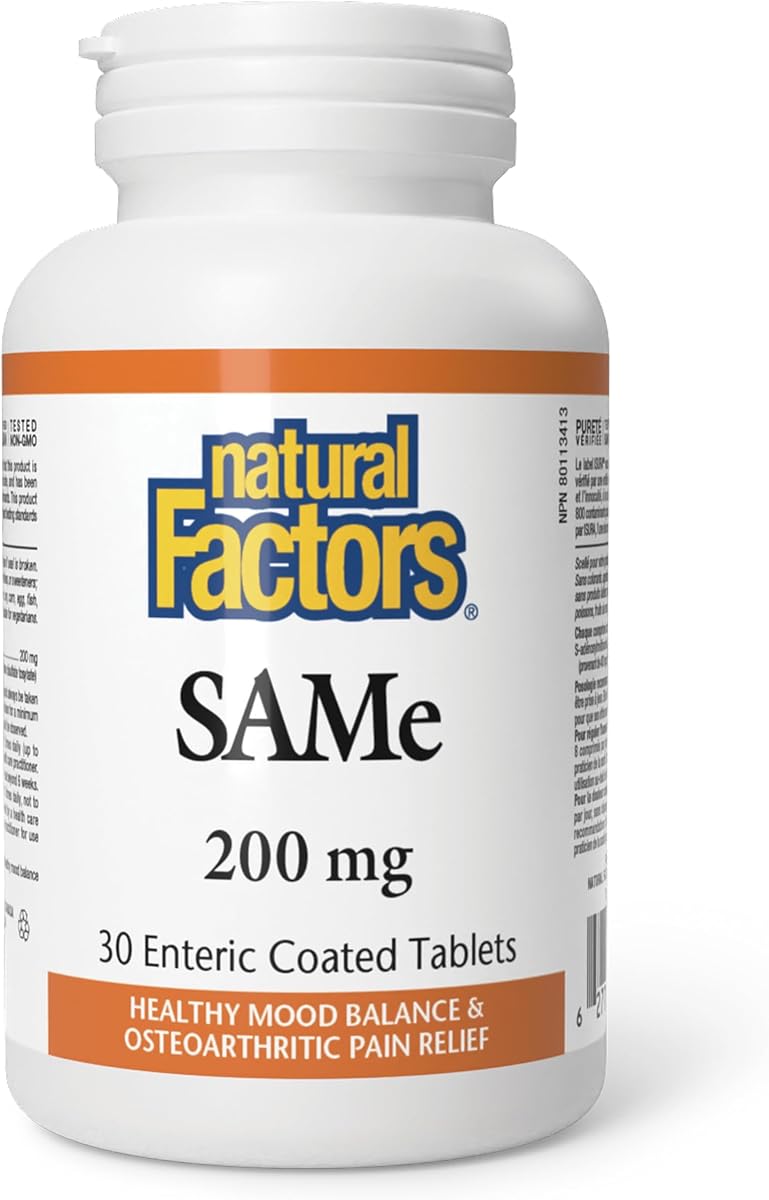 Natural Factors SAMe 200 mg, 30 Enteric Coated Tablets, Helps Support Mood Balance & Helps Relieve the Pain of Osteoarthritis, Proudly Canadian