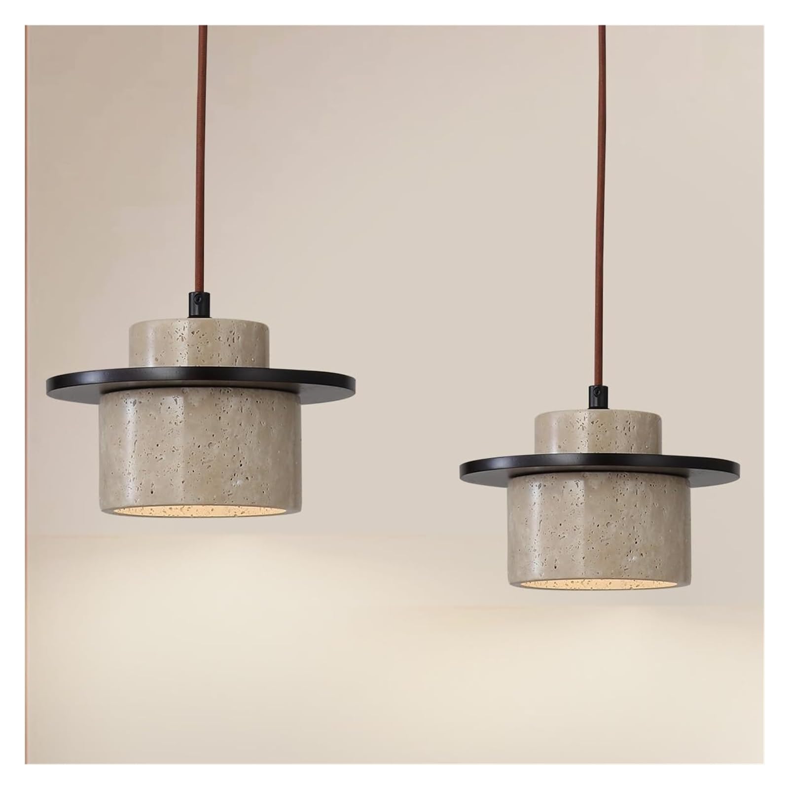 KHUKHU Japanese Wabi Sabi Natural Stone Pendant Light Nordic Yellow Travertine Pendant Lamp for Kitchen Island,Mid-Century Vintage Wood Chandelier for Dining,Entryway,Cafe,Restaurant(Brown,2PCS)