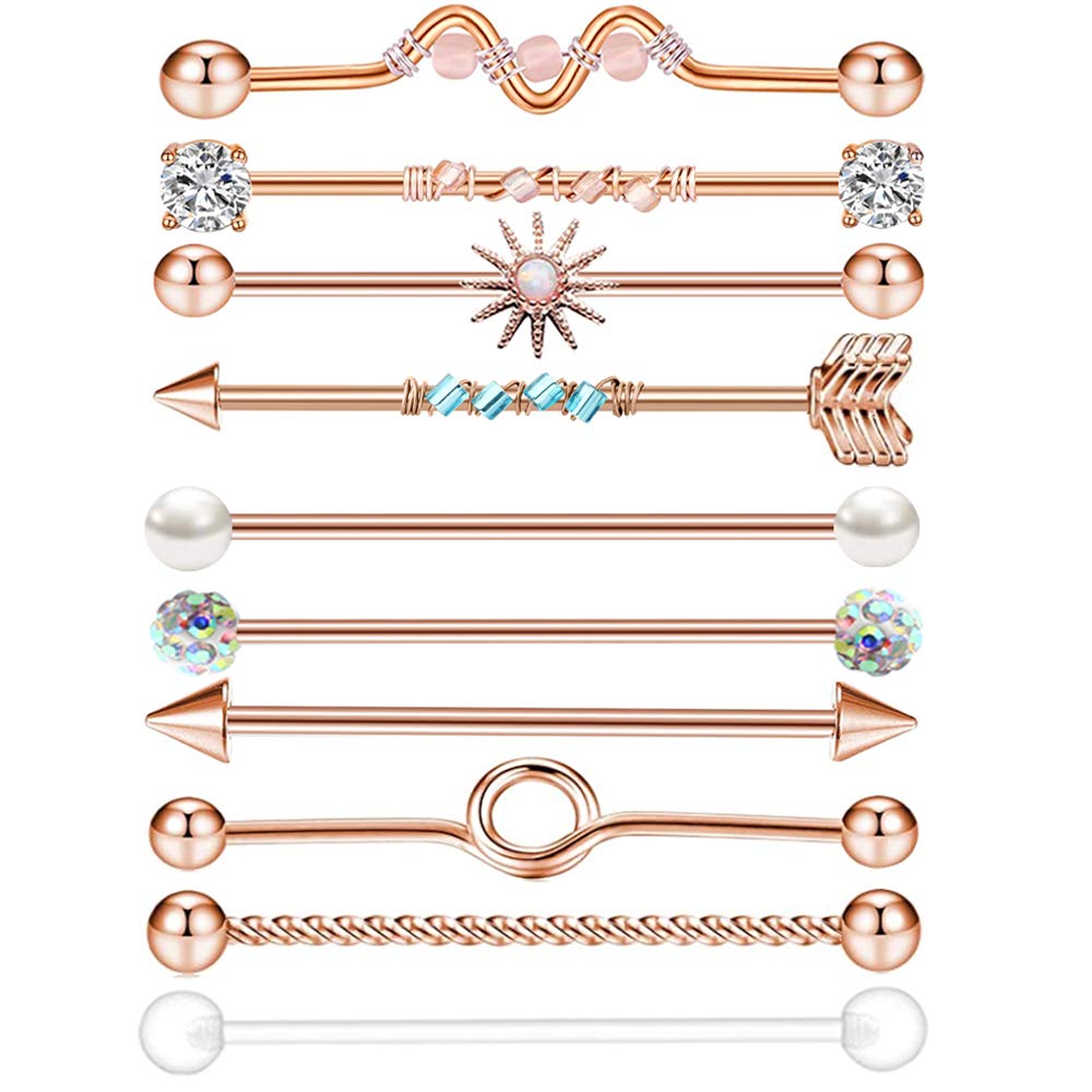 TIANCI FBYJS9pcs 14G 16G Surgical Steel Industrial Barbell for Women Men Flexible Cartilage Earring Body Piercing Jewelry 1 1/2 Inch 38mm (rose gold 10pcs)