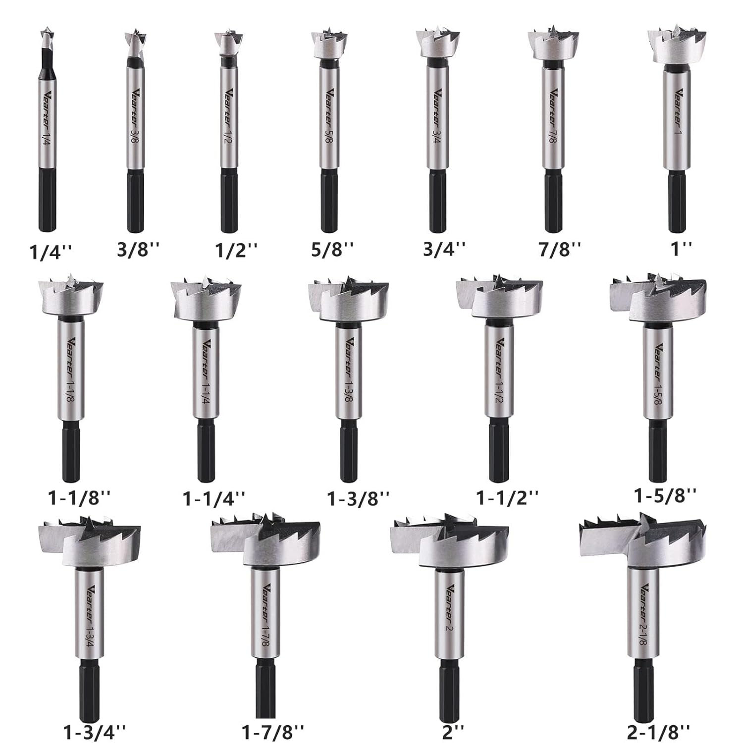 16PCS Forstner Drill Bit Set, 1/4'' to 2-1/8'' HCS Multi-Tooth Woodworking Tools with Hex Shank, Hole Saw Cutter Hinge Boring Bit Kit for Solid Wood, MDF, Particleboard