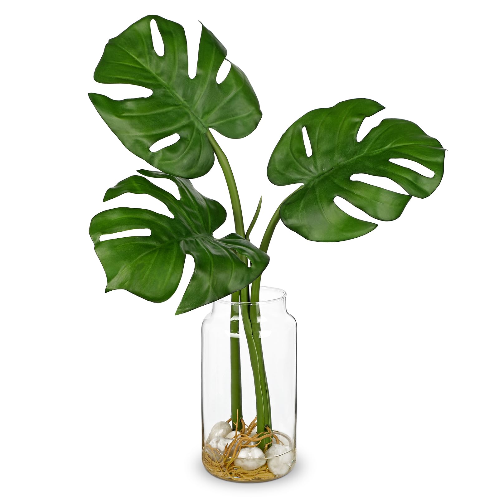Photo 1 of Oairse Artificial Monstera Leaves Plant in Glass Vase with Faux Water & Pebble - 16.5" Fake Tropical Plants Turtle-Back Plant Leaves Monstera Stem Greenery for Home Indoor Centerpiece Farmhouse Decor