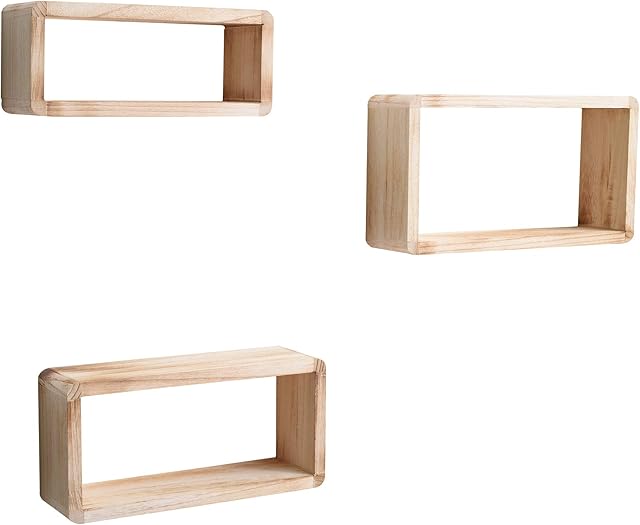 Rebecca Mobili Set 3 Wall Shelves Hanging Shelves Rectangular Natural Wooden Cube design Country Vintage Bedroom Living Room - 39 x 21 x 10 cm (H x W x D) - Art. RE4079