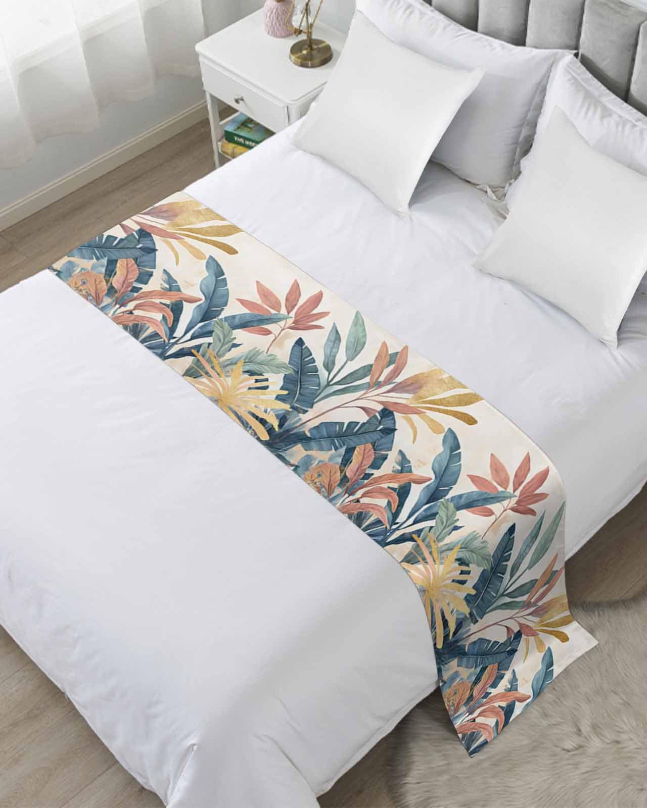 Tropical Leaves Bed Runner for Cal. King Size, Colorful Summer Watercolor Botanical Bedspread Protector Slipcover Bed Scarf for Foot Runners & Scarves for Bedroom Hotel Wedding Room 94x20 Inches