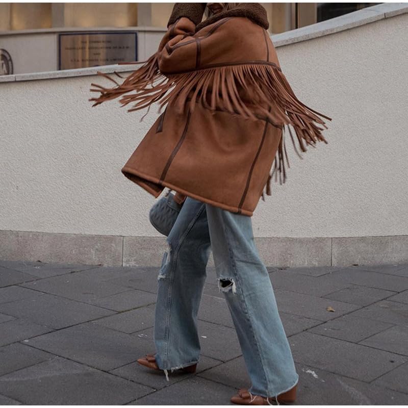 utcoco Women's Tassels Sherpa Lined Faux Suede Leather Jacket 2024 Fashion Fringe Trim Faux Fur Coats Outwear2