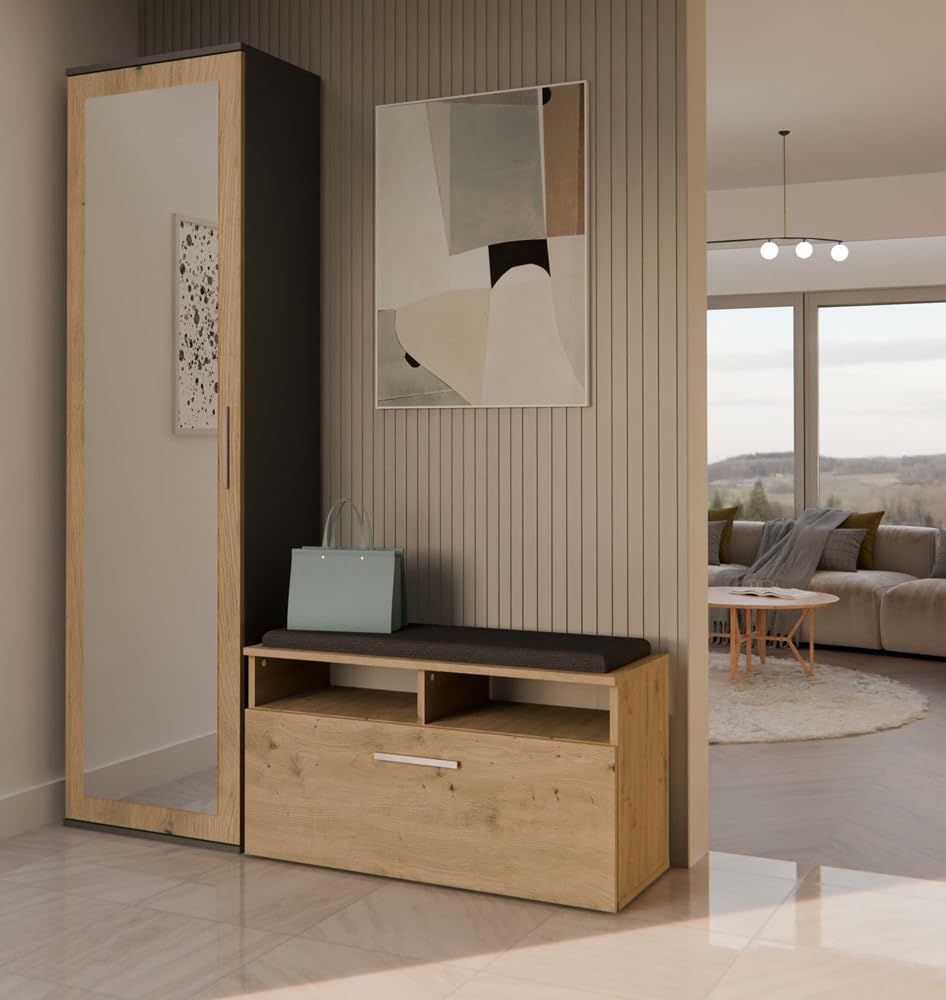 CDF ATARA - Placard de hall avec grand miroir - 180x50x35 cm - 2 étagères + espace de suspension - Meuble de hall