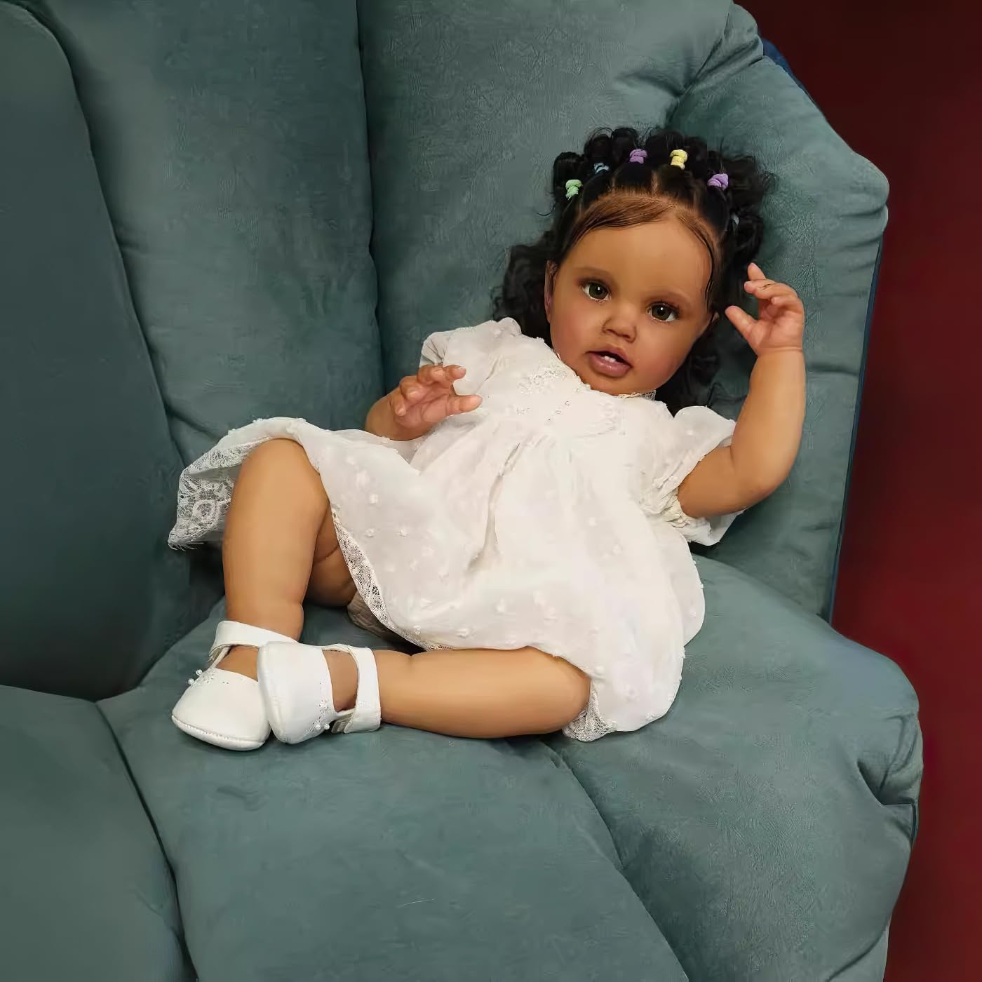 Wamdoll 24 Inch Realistic Baby Doll African American Reborn Dolls in White Lace Dress Lifelike Newborn Toddler Girl Doll with Cloth Body & Rooted Hair