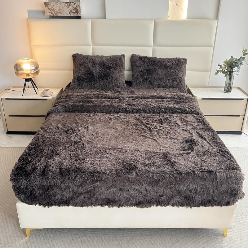 Kid Faux Fur Gray Queen 4 PC Sheet Set with Extra Soft Plush Velvet Flannel Fluffy Fuzzy (Pillowcase x 2, Flat Sheet x 1, Fitted Sheet x 1)