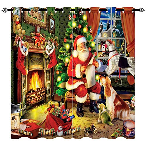 YUANZU Christmas Blackout Curtains, Santa Claus Decor Gift Dog Patterns Feast Theme Microfiber Fabric Eyelet Blackout Curtains for Living Room Bedroom W75cm (29.5) x D166cm (65) 2 Panels
