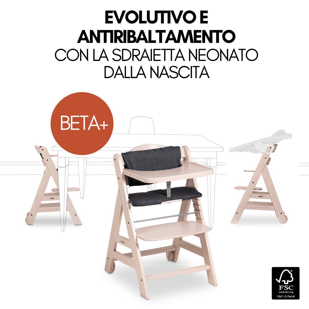 hauck Seggiolone Beta Plus Newborn Set - Seggiolone Legno Evolutivo, con Sdraietta Neonati (Dondolo Neonati), Cuscino Seduta, Vassoio - (Classic, Whitewashed, beige)