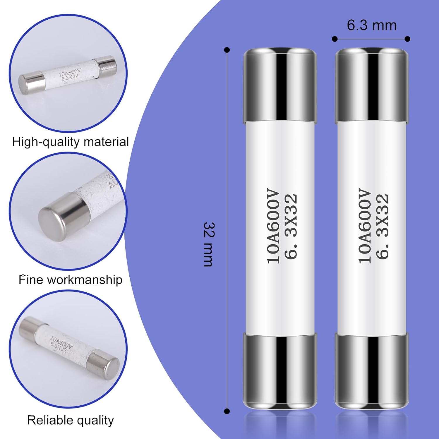 12 Pcs Ff10A 600V Fast Blow Action Multimeter Fuses Ceramic Nickel Plated Brass Fuses Made for DMMs 6.3 x 32 mm
