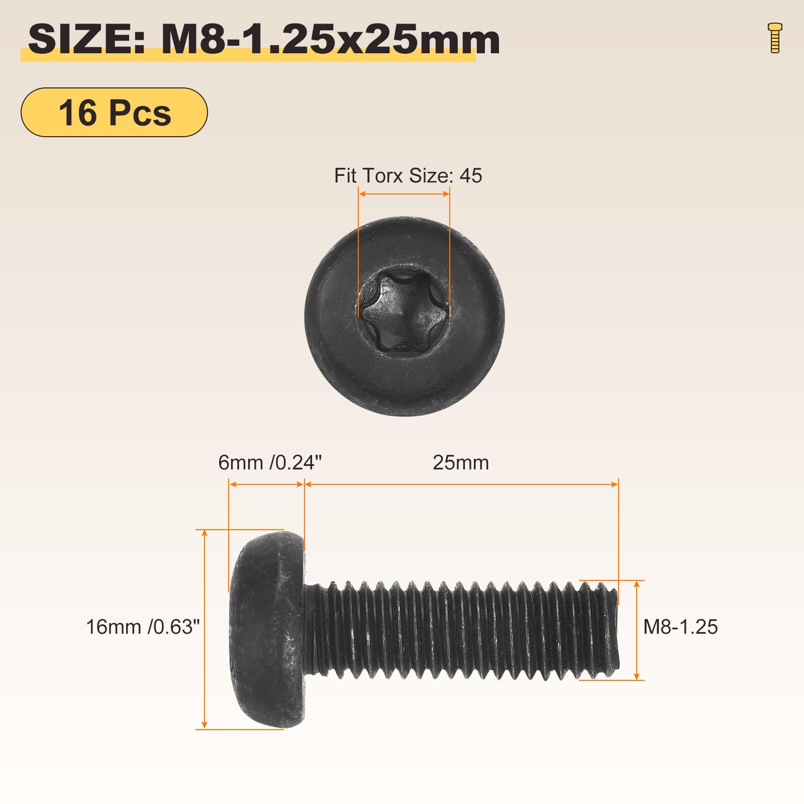 METALLIXITY Pan Head Torx Security Screws Bolts (M8-1.25x25mm) 16Pcs, Button Torx Head Machine Screws Carbon steel - Image 2