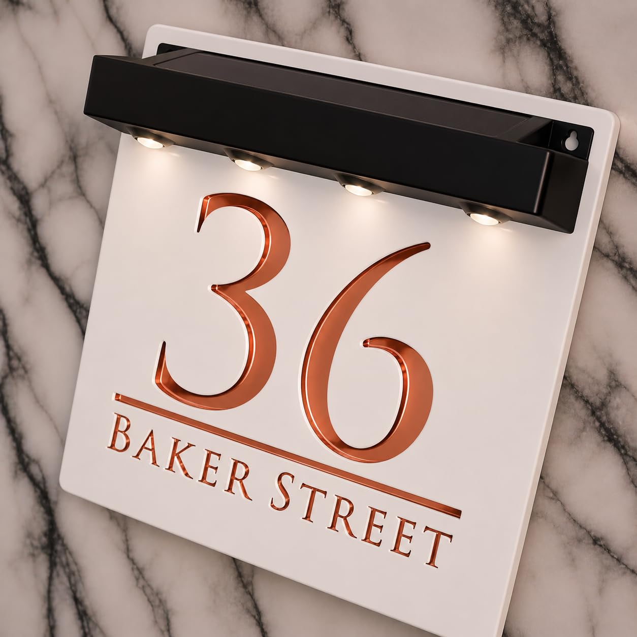 K Smart Sign | Bellissima S1 LED F32 | Square Solar Light House Signs Door Number Plaques With LED Personalised Name Address Sign For Wall With Classic Text (Matt Khaki & Rose Gold Mirror)