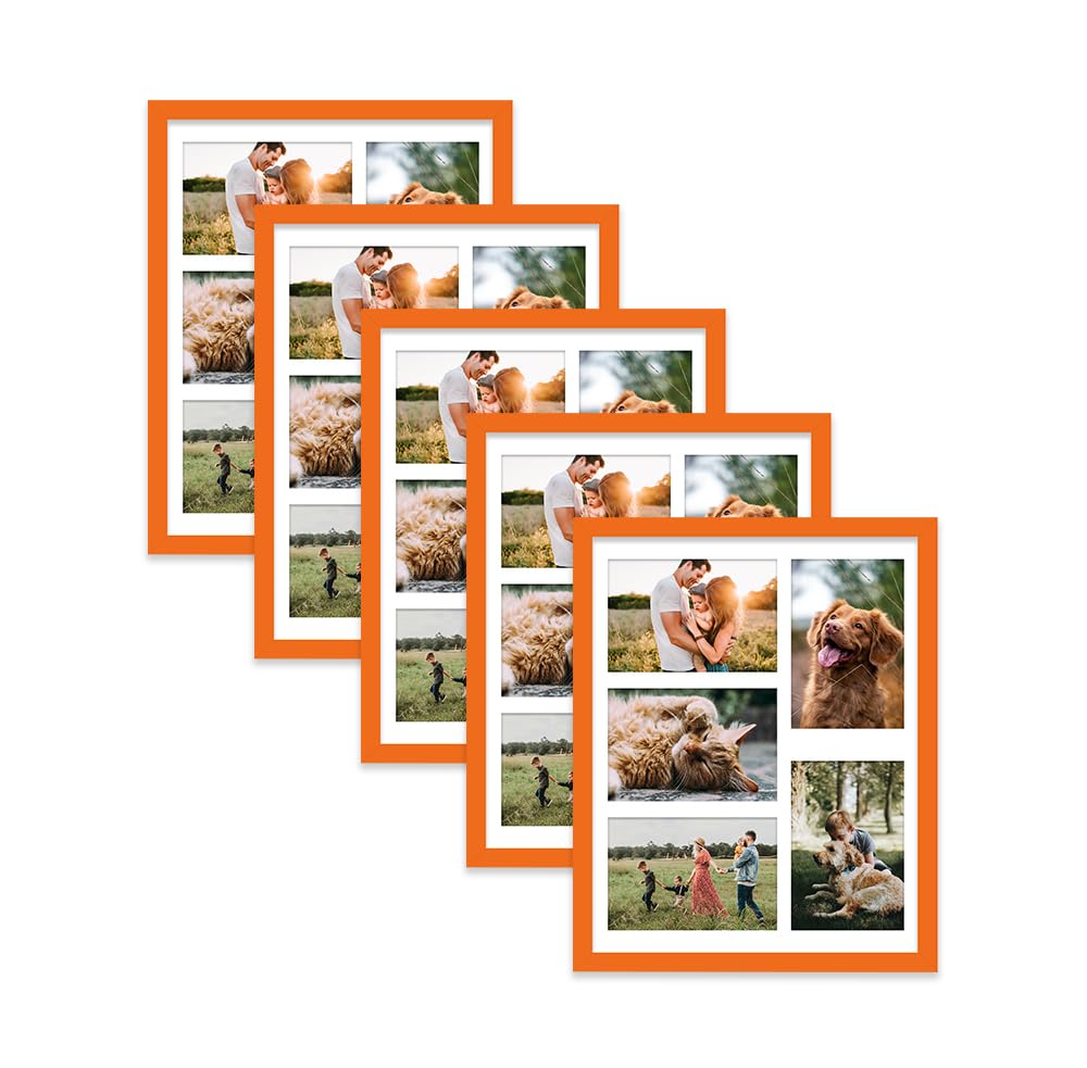 Orange Multi Photo Frame - Holds 5 x 6x4 Pictures, Family Collage Picture Frame for Wall Display, 14x11 Frame size, Set of 5