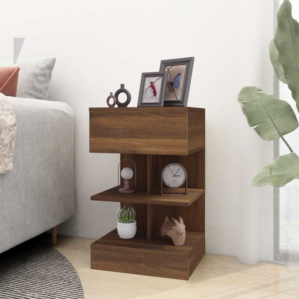 Mesita de noche, marrón, aspecto roble, 40 x 35 x 65 cm, material a base de madera con soporte de pared, espacio de almacenamiento y tablero resistente para armario auxiliar o mesa auxiliar