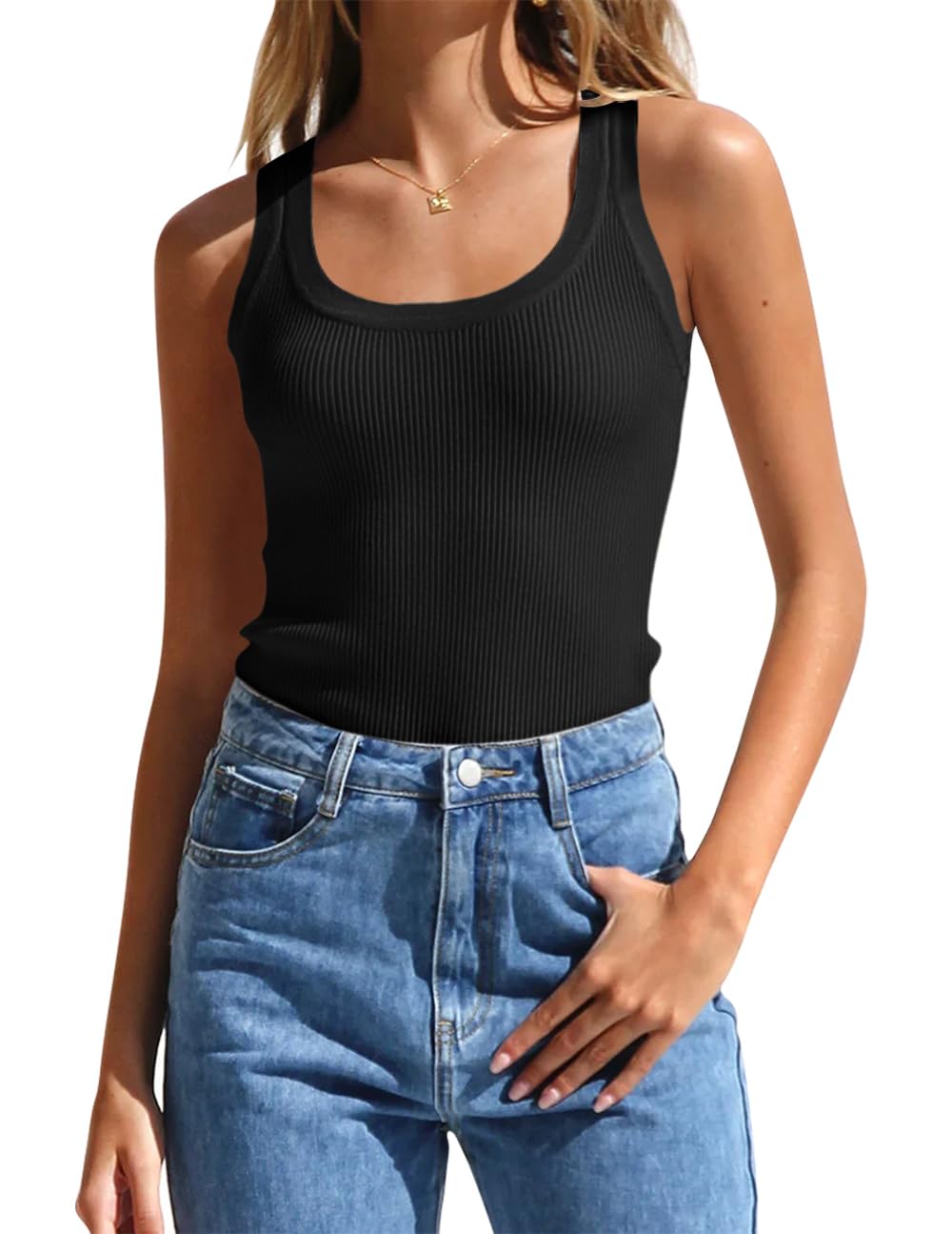 ZESICAWomen's Sleeveless Tank Tops Summer Scoop Neck Ribbed Knit Slim Fitted Casual Basic Tee Shirts