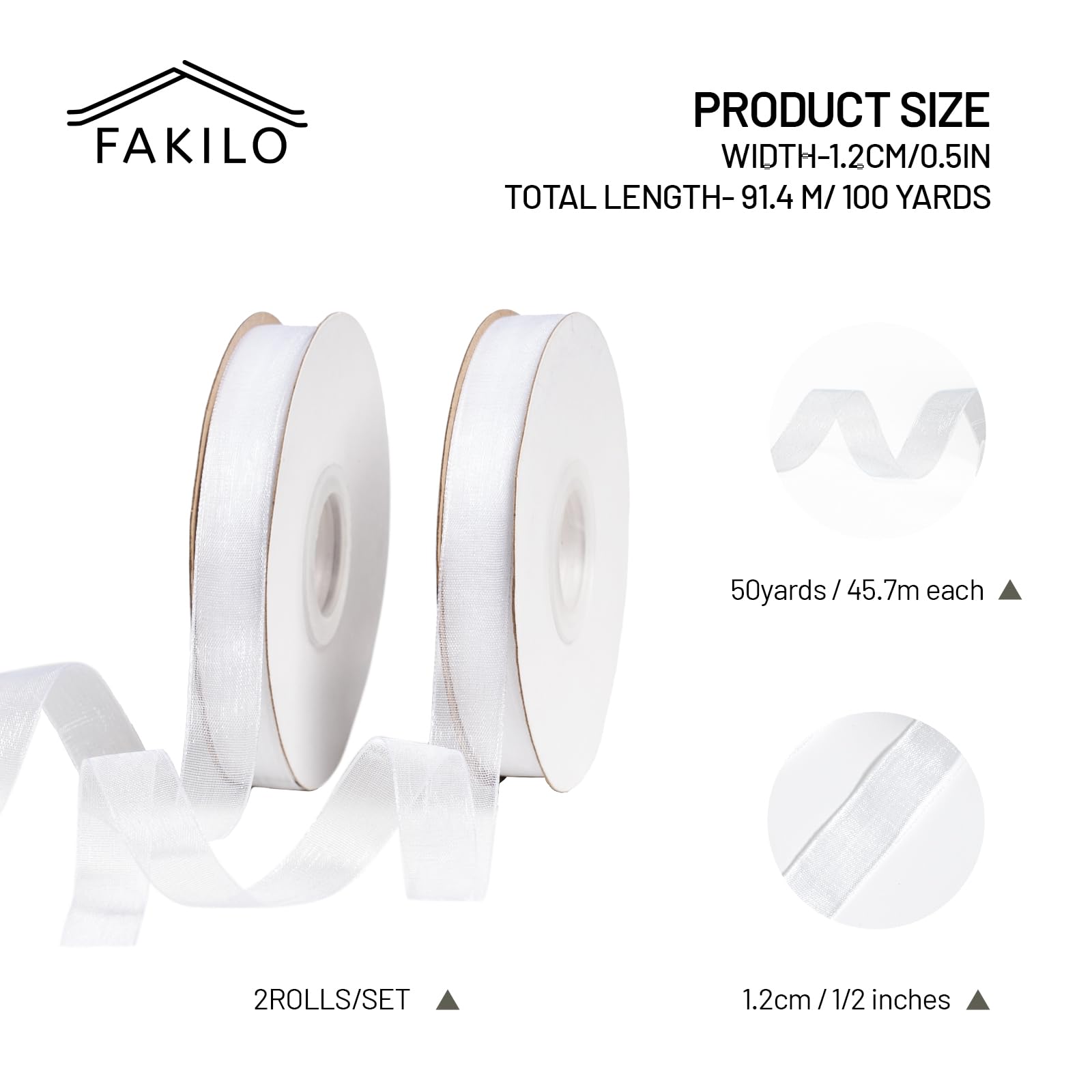FAKILO White Organza Ribbon for Gift Wrapping, FAKILO 1/2 Inch Sheer Wrapping Ribbon for Bouquet, Wedding, Christmas Gift - 50 Yards Each Roll