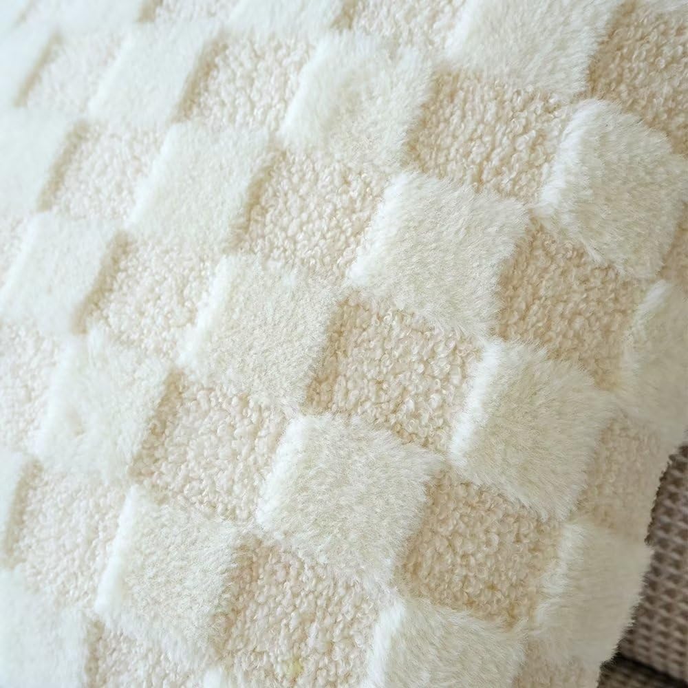 Pack of 2 Soft Plush Faux Fur Throw Pillow Covers 18x18 Farmhouse Decorative Checkered Jacquard Pillow Covers for Couch Sofa Holiday Spring Home Decor Ivory x2 - Image 8