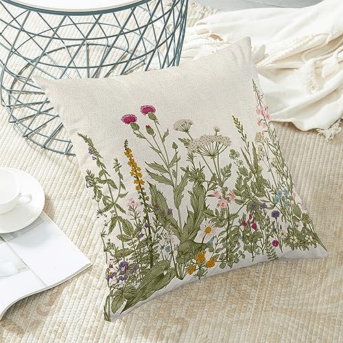 Image of AEIOAE Sage Green Pillow Covers 16x16 Inch Set of 2, Spring Wildflower Plant Throw Pillows Case,Seasonal Floral Outdoor Decorative Flowers Farmhouse Decor Cushion Covers for Home Sofa Bed Couch