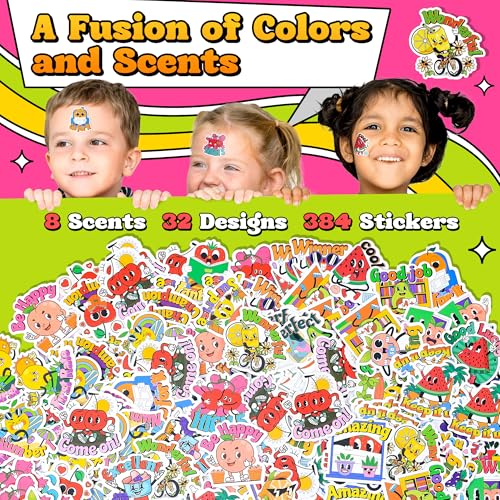 384PCS Scratch and Sniff Stickers for Kids, Large Scented Reward Smelly Fruits Stickers, Motivational Incentive Fun Sticker with Positive Words for Students School Teachers Must Haves, 32 Designs